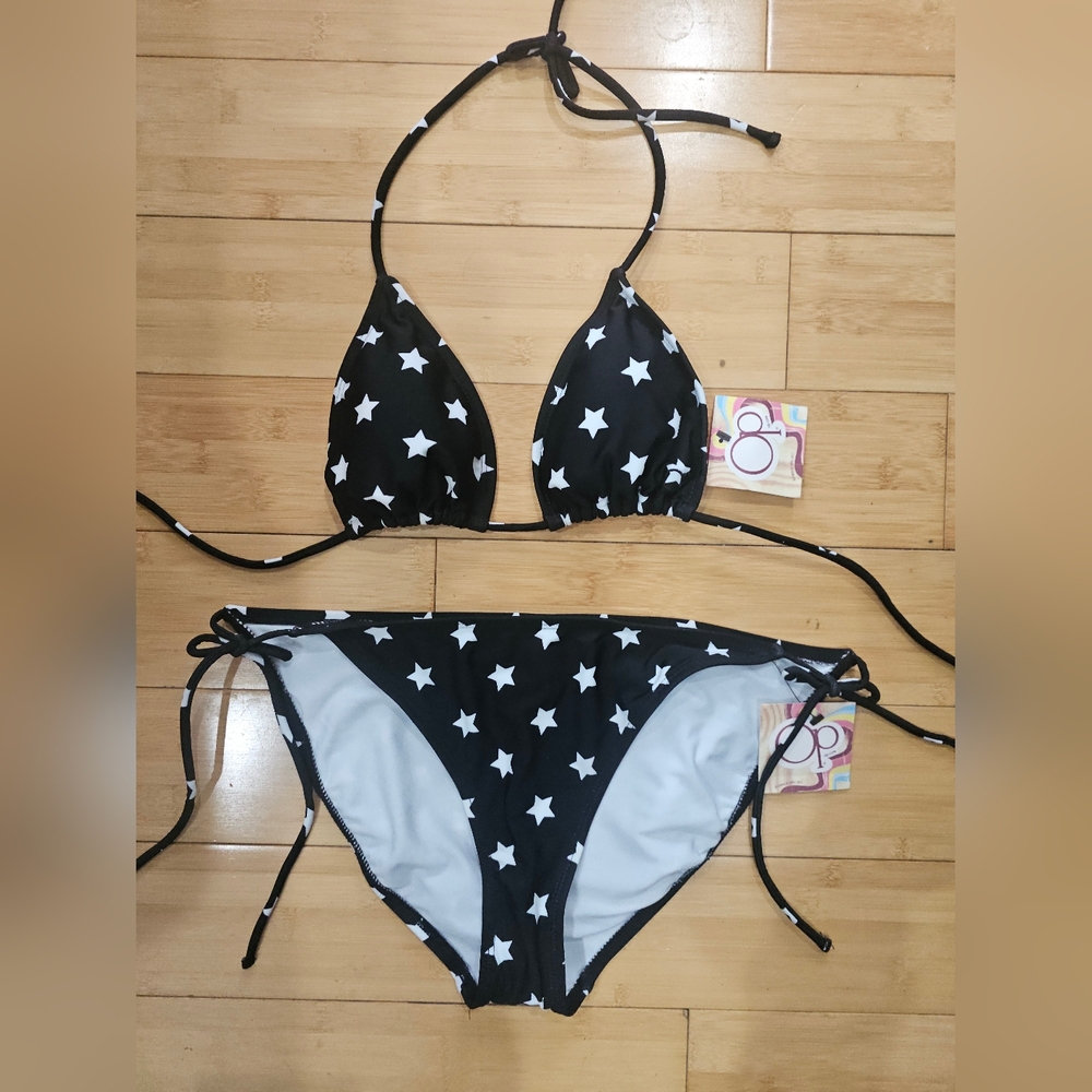 OP Summer Sexy Punk Black White Star String Tie Swimsuit 2 Piece Bikini Set M L